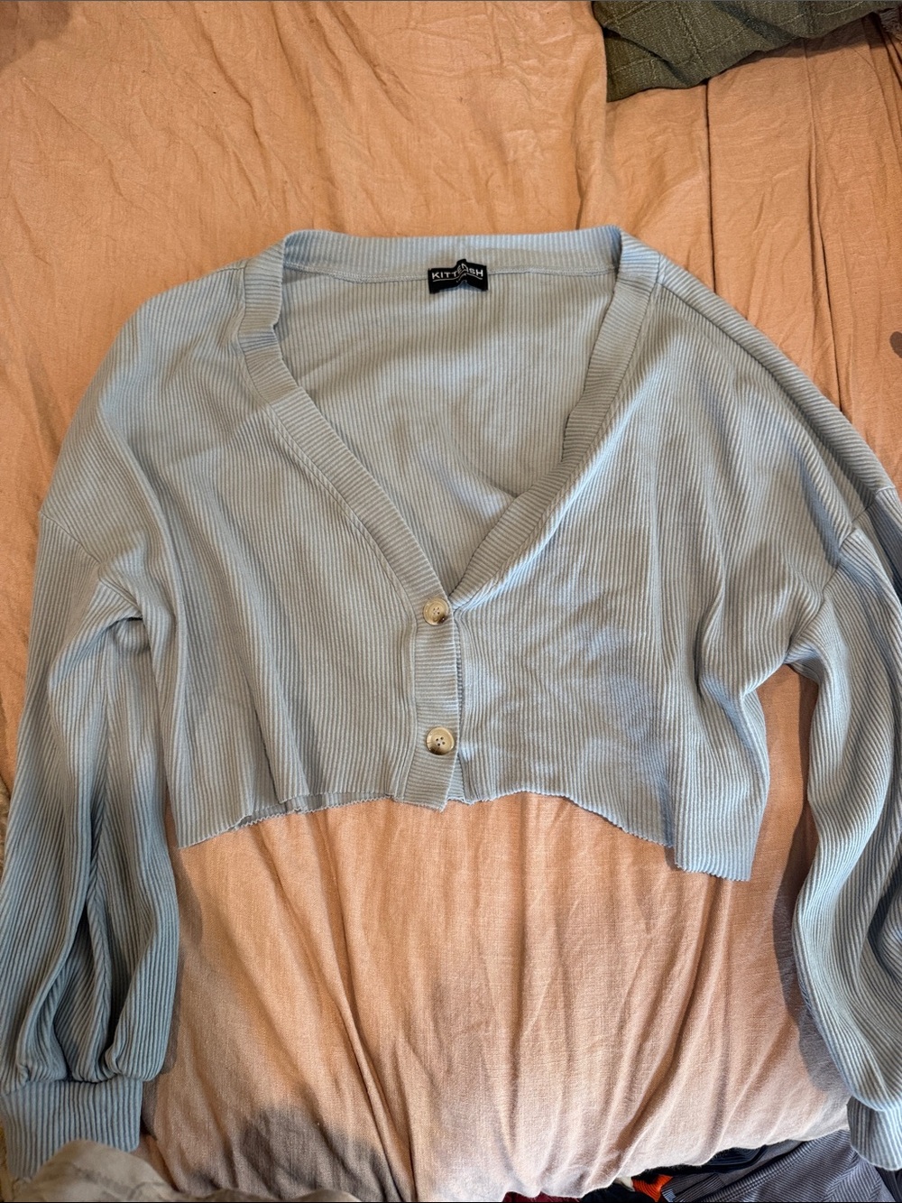 Kittenish Pastel Blue Ribbed Cropped Cardigan